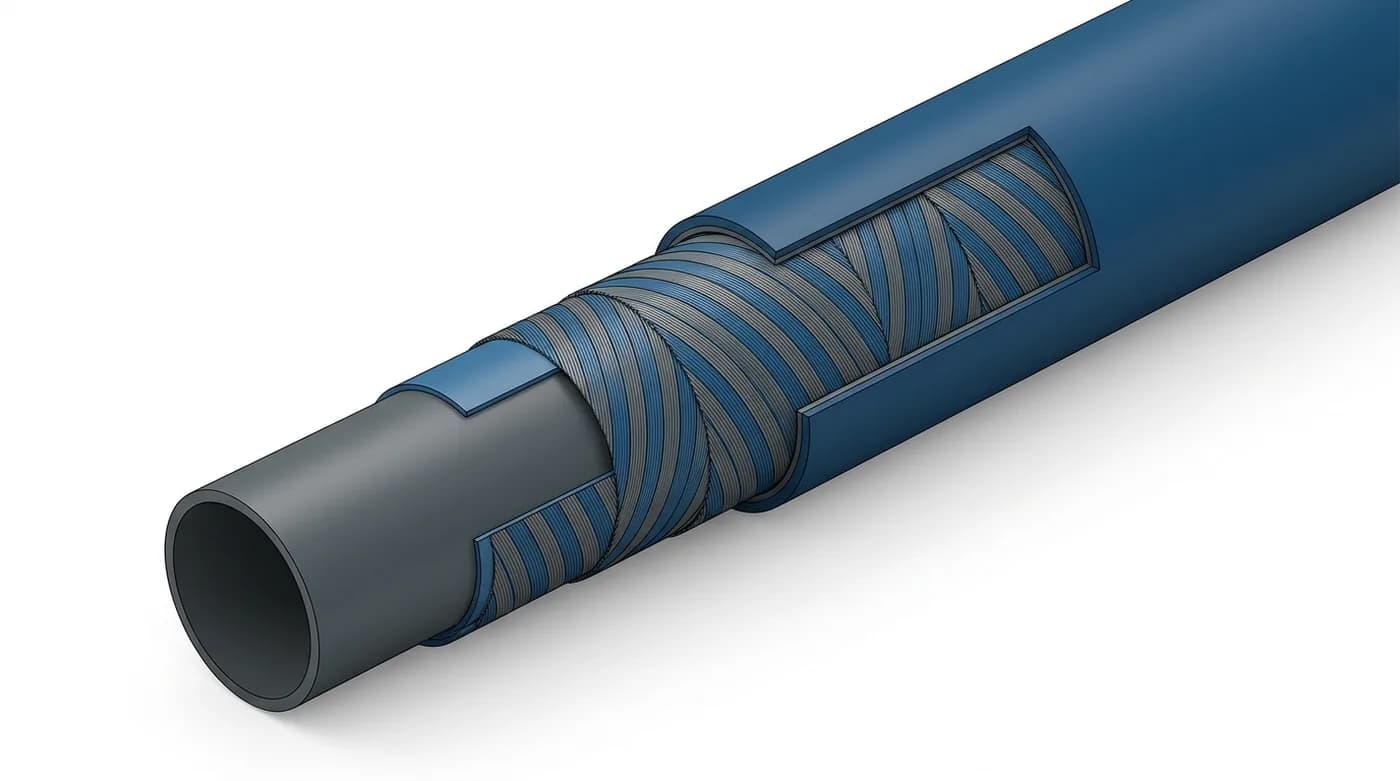 Cutaway render of a reinforced thermoplastic pipe showing liner, reinforcement winding and cover layers