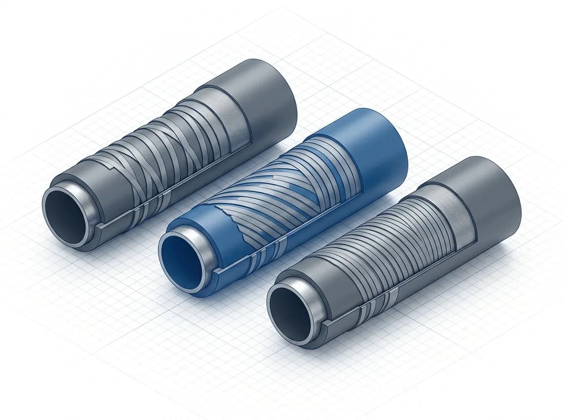 Three rendered pipe design candidates with different reinforcement winding patterns, one highlighted