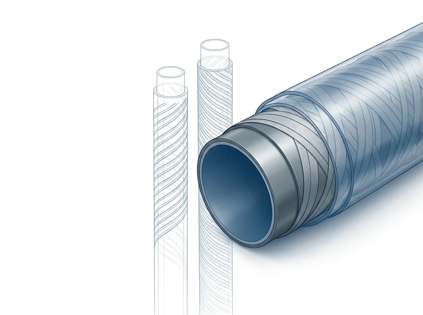 Cutaway render of a reinforced thermoplastic pipe with two ghosted design variants beside it